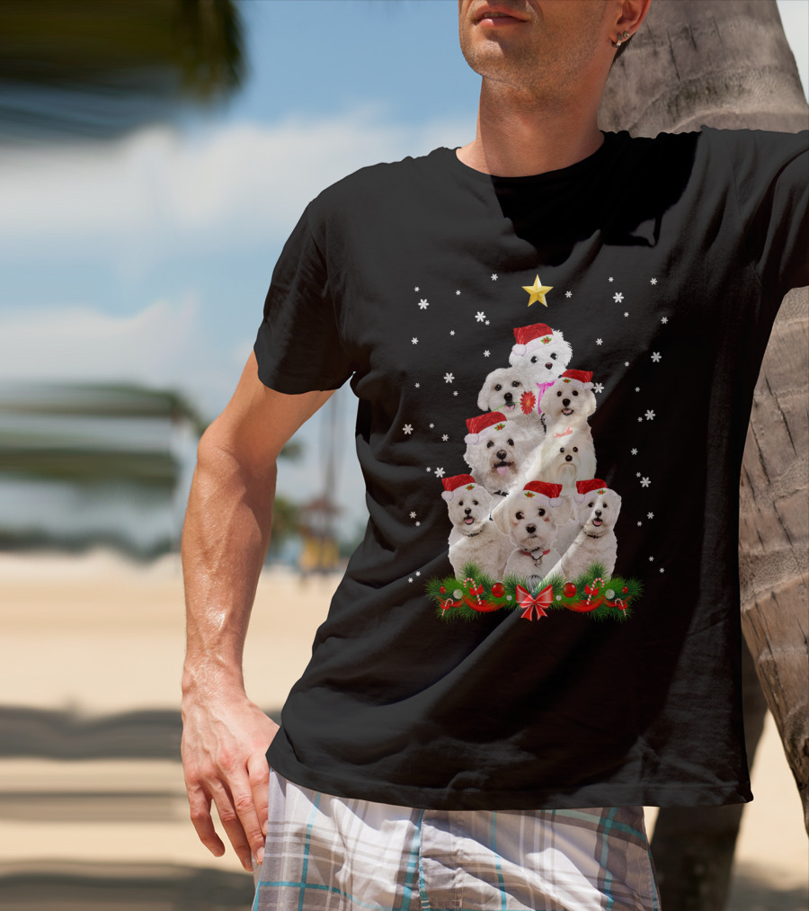 Maltese Dogs Christmas Tree With Santa Hats And Star T-Shirt