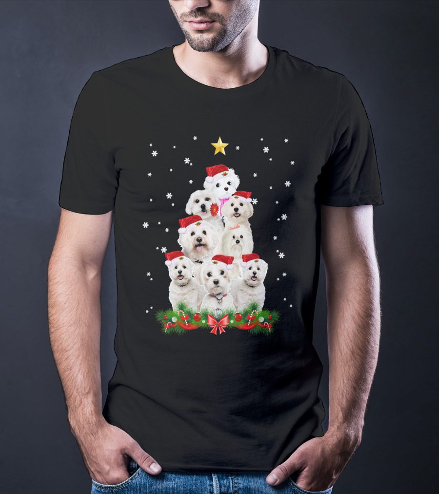 Maltese Dogs Christmas Tree With Santa Hats And Star T-Shirt