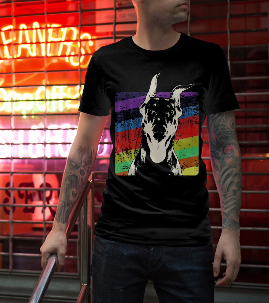 Classic Vintage Doberman Pinscher Rainbow Stripes Retro T-Shirt