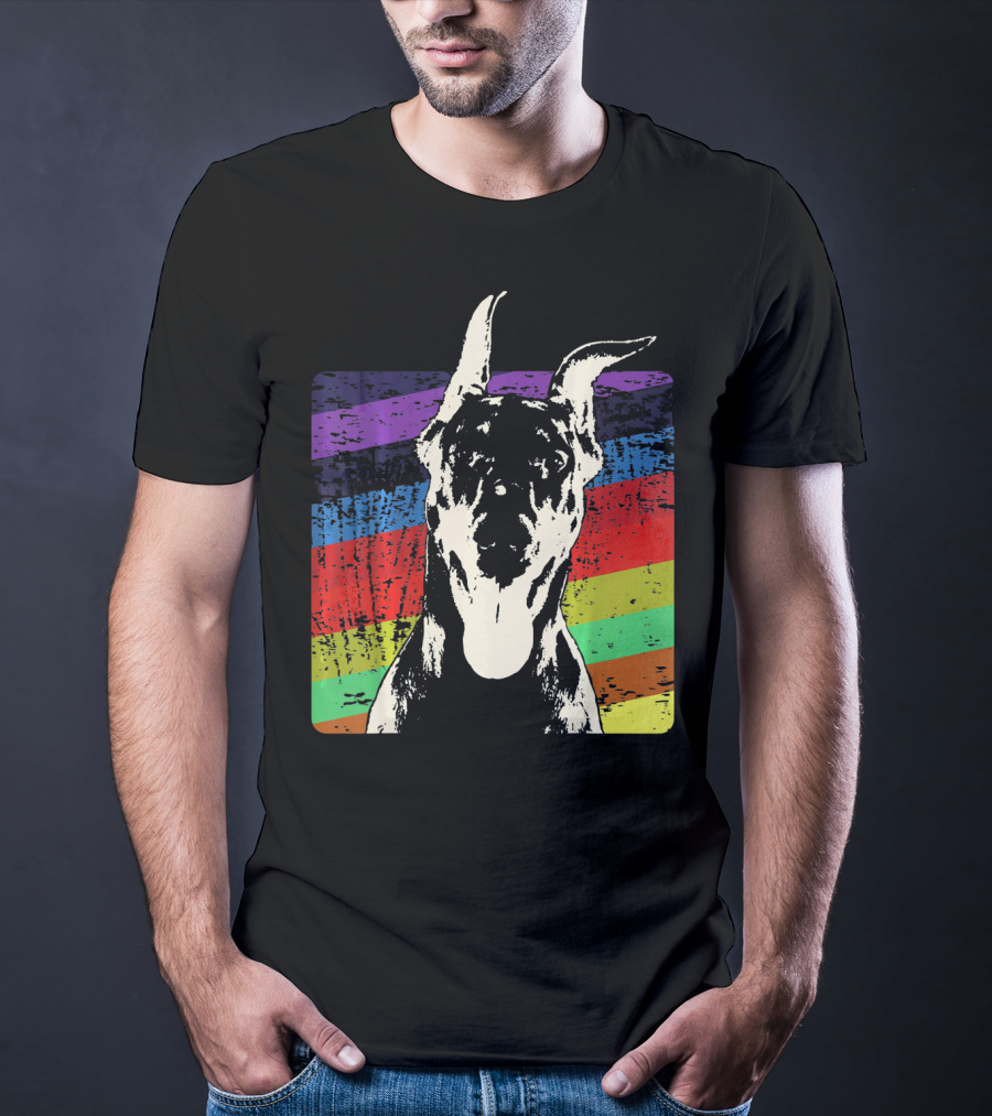 Classic Vintage Doberman Pinscher Rainbow Stripes Retro T-Shirt