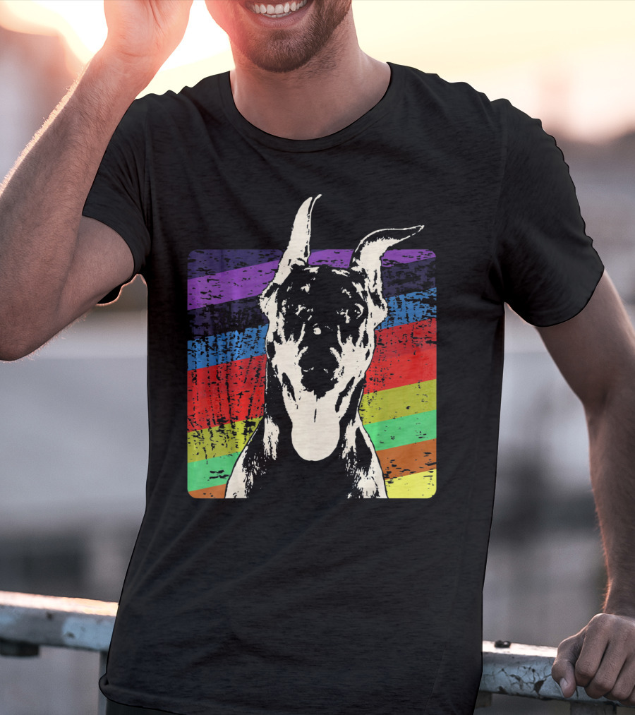 Classic Vintage Doberman Pinscher Rainbow Stripes Retro T-Shirt