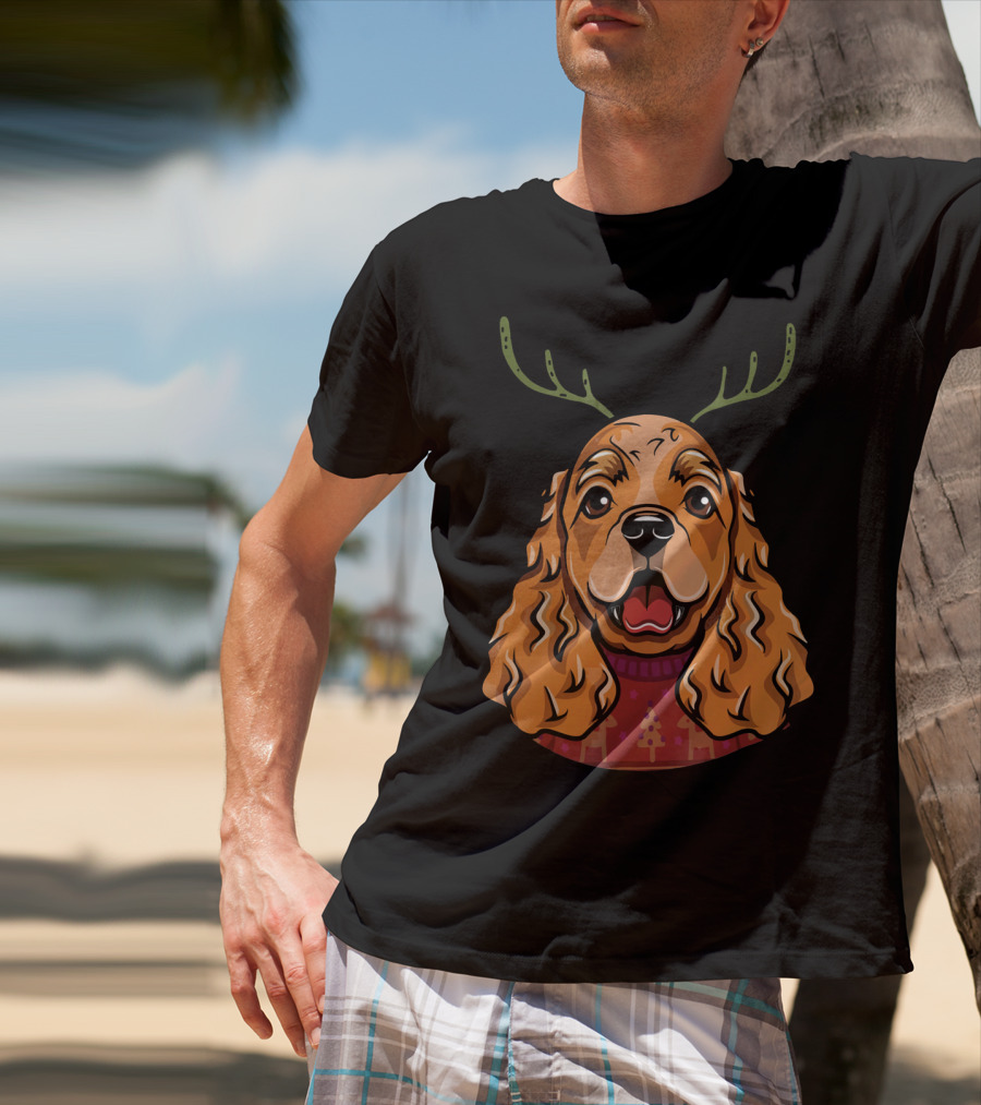 Cocker Spaniel Dog With Reindeer Antlers And Holiday T-Shirt