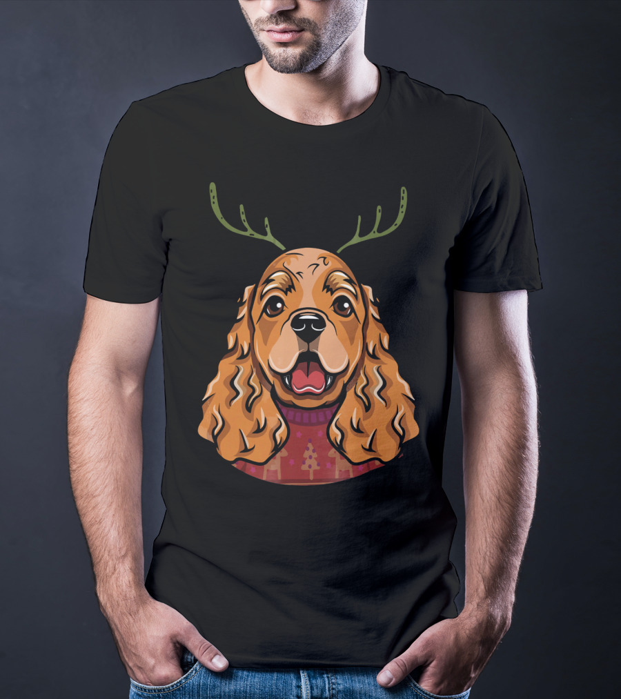 Cocker Spaniel Dog With Reindeer Antlers And Holiday T-Shirt