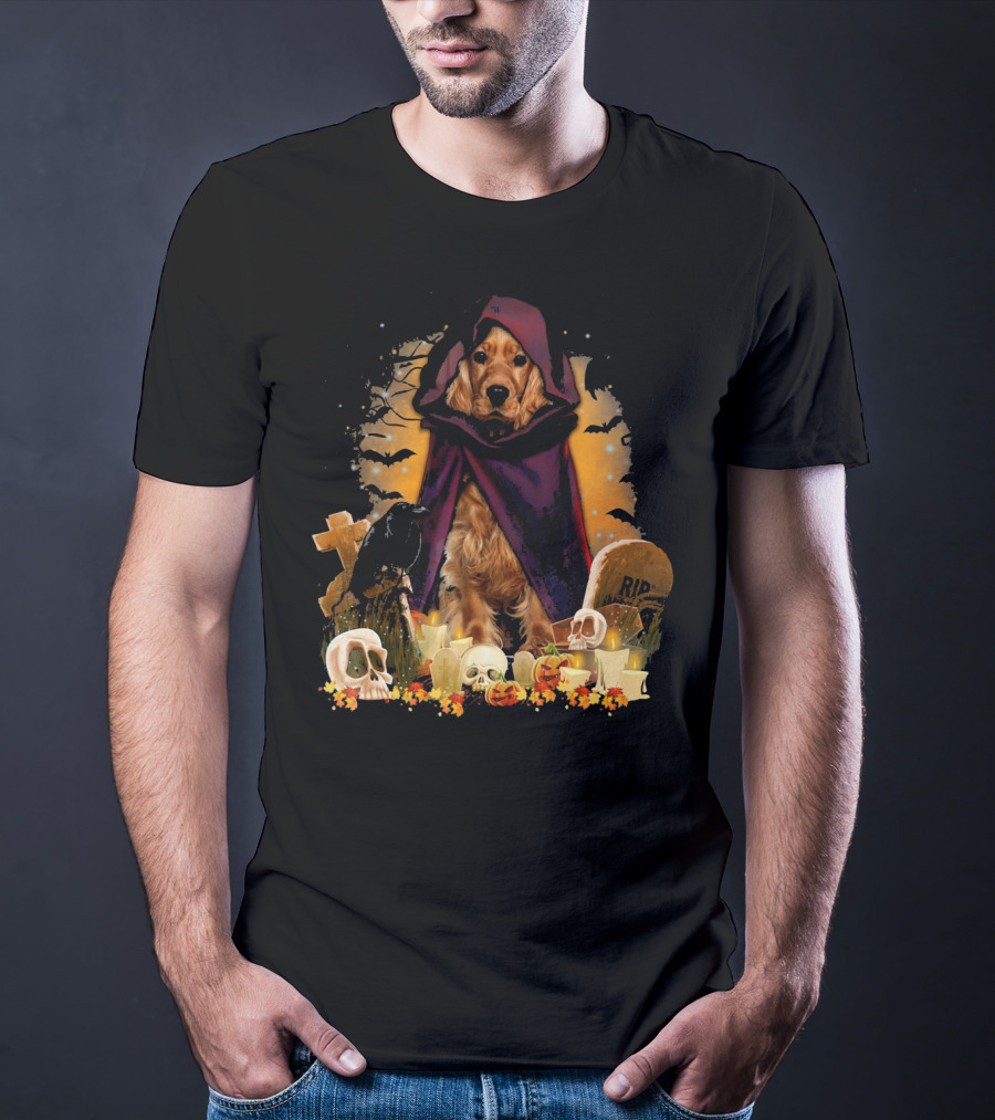 Cocker Spaniel Halloween Hooded Dog With Skulls And Tombstones T-Shirt
