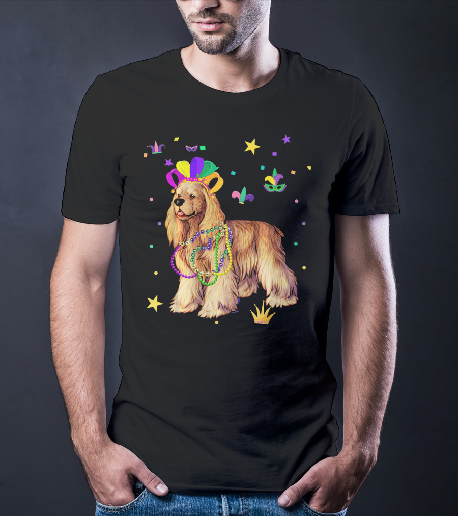 Cocker Spaniel Dog Mardi Gras Party Celebration Beads And Mask T-Shirt