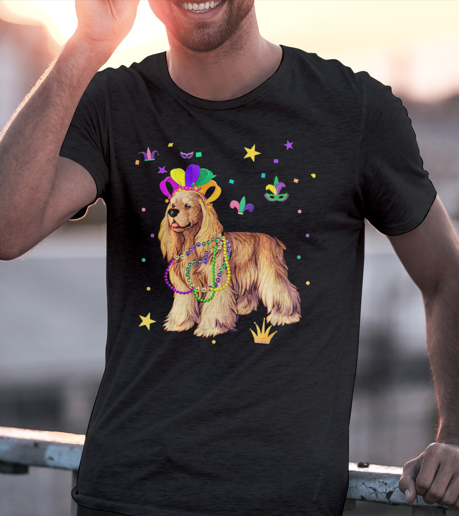 Cocker Spaniel Dog Mardi Gras Party Celebration Beads And Mask T-Shirt