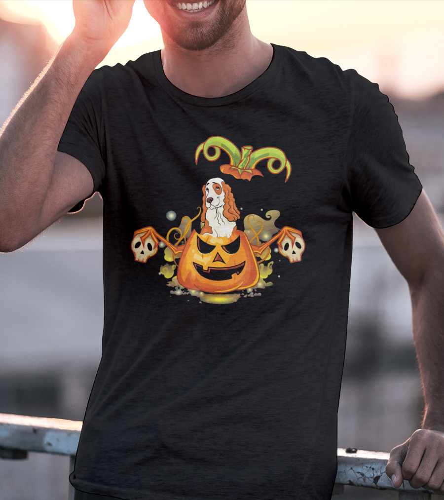 Cocker Spaniel Dog Halloween Pumpkin With Skulls T-Shirt