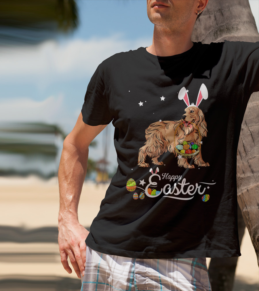 Cocker Spaniel With Bunny Hat Holding Easter Egg Basket Happy Easter T-Shirt