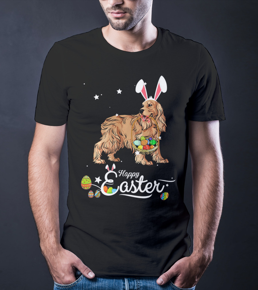 Cocker Spaniel With Bunny Hat Holding Easter Egg Basket Happy Easter T-Shirt