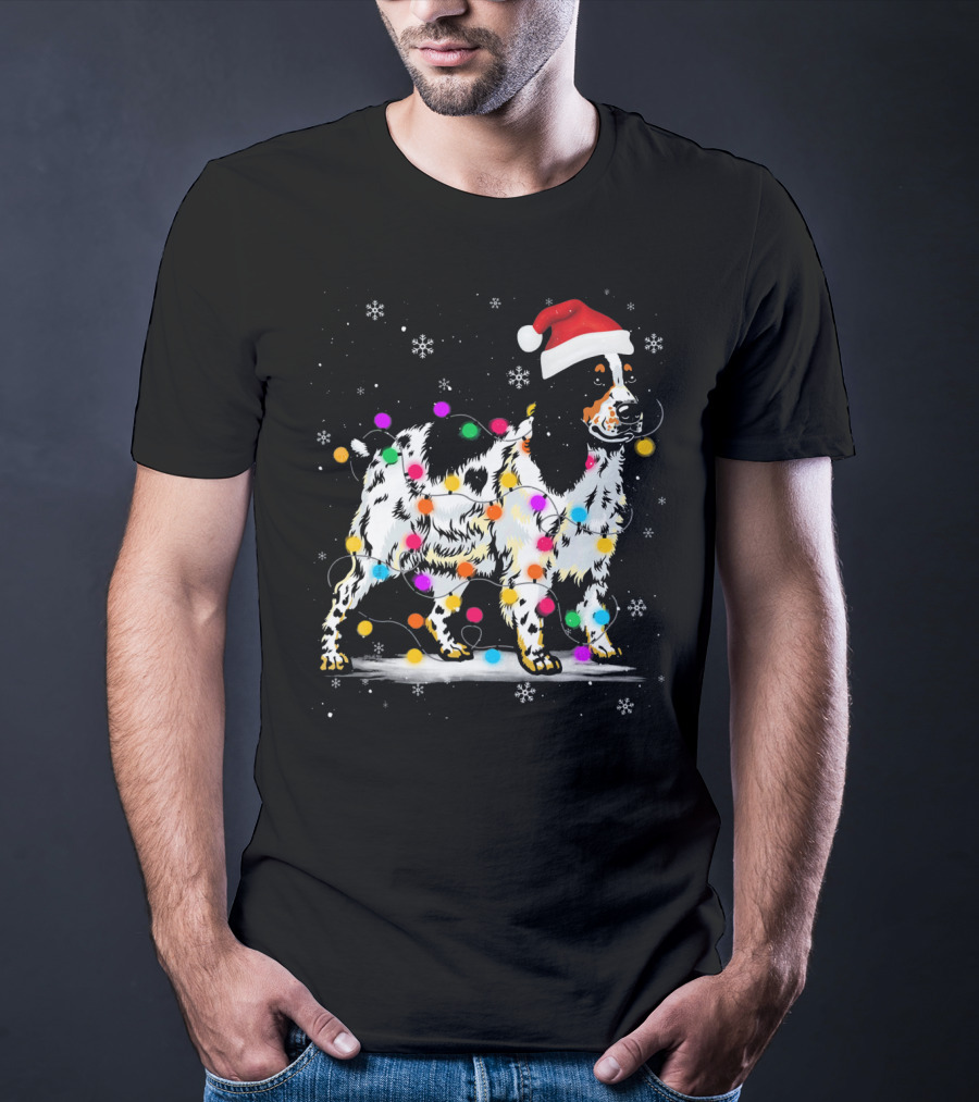 Cocker Spaniel Dog With Christmas Lights Santa Hat Snowflakes T-Shirt