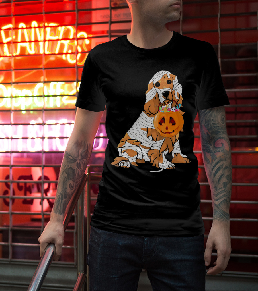 Cocker Spaniel Halloween Mummy Pumpkin Bucket T-Shirt
