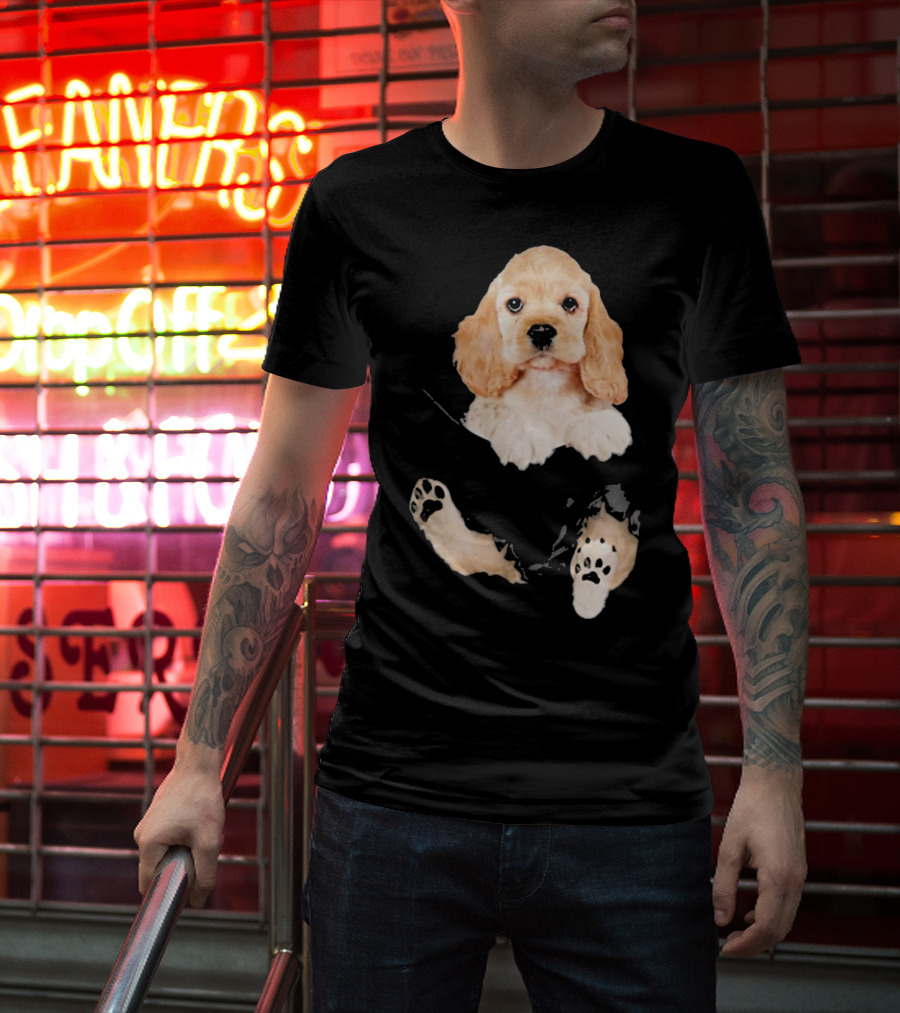 Cocker Spaniel Puppy With Paws Peeking From Pocket T-Shirt