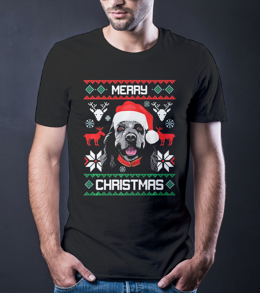 Merry Christmas Cocker Spaniel Dog Santa Hat Retro Holiday T-Shirt