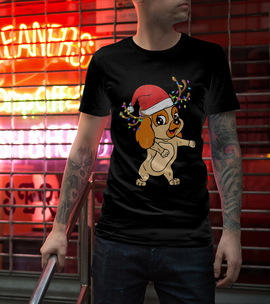 Cocker Spaniel Reindeer Christmas Funny Dog With Santa Hat And Festive Antlers T-Shirt