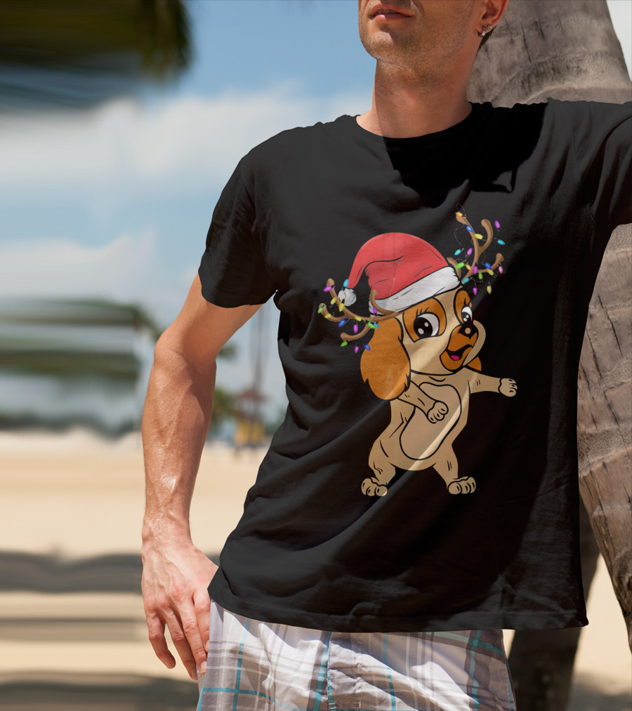 Cocker Spaniel Reindeer Christmas Funny Dog With Santa Hat And Festive Antlers T-Shirt