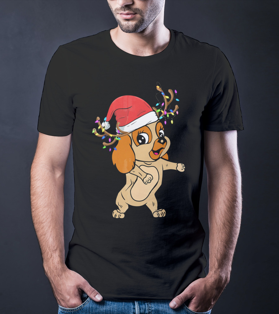Cocker Spaniel Reindeer Christmas Funny Dog With Santa Hat And Festive Antlers T-Shirt