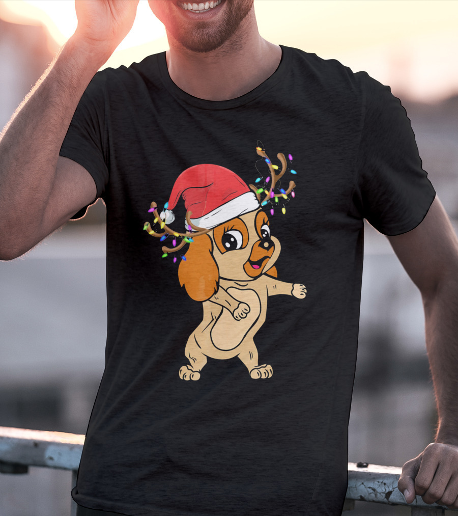 Cocker Spaniel Reindeer Christmas Funny Dog With Santa Hat And Festive Antlers T-Shirt