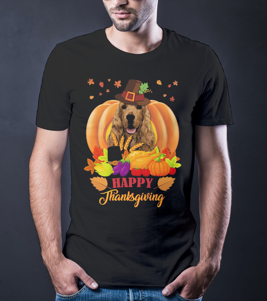 Happy Thanksgiving Cocker Spaniel With Pumpkins And Autumn Harvest T-Shirt