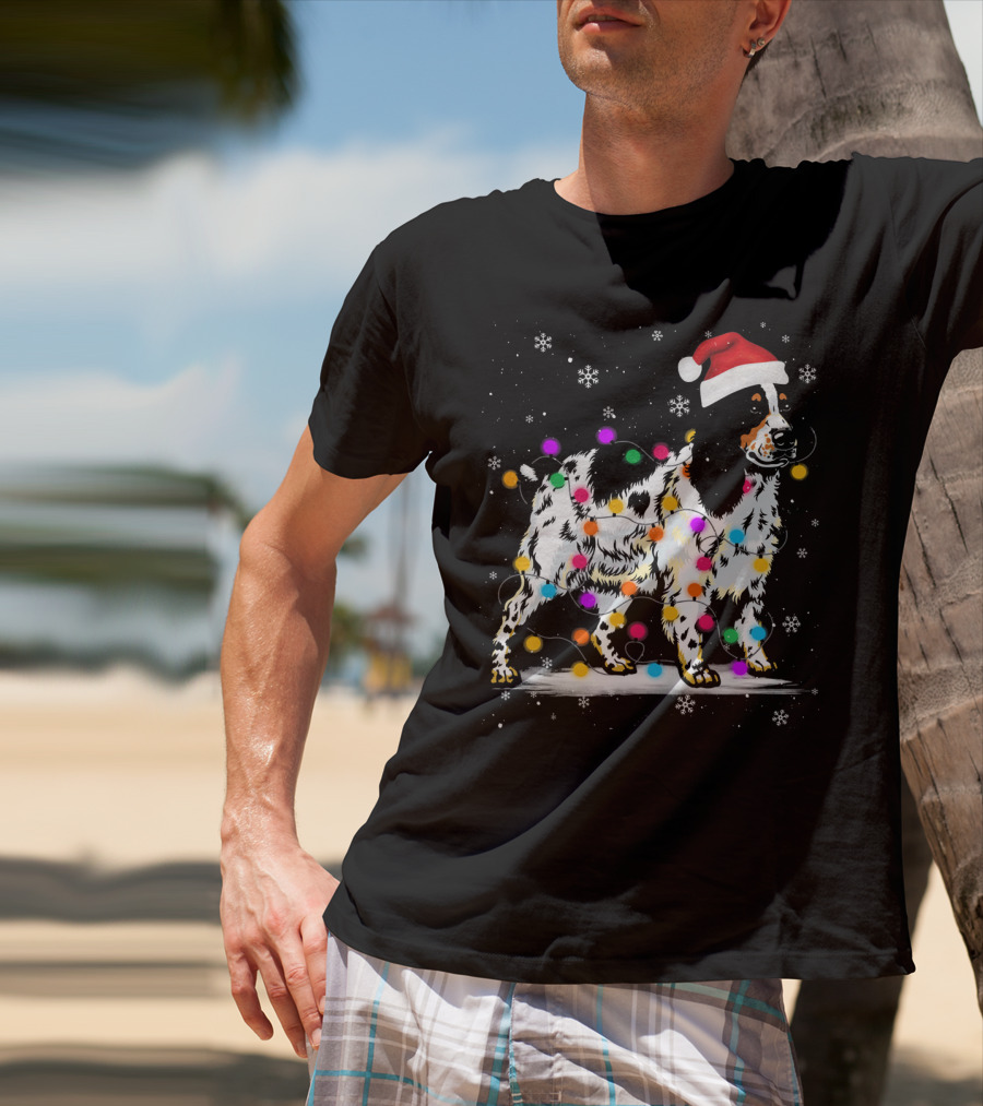 Cocker Spaniel Santa Hat Christmas Lights Snowflakes T-Shirt