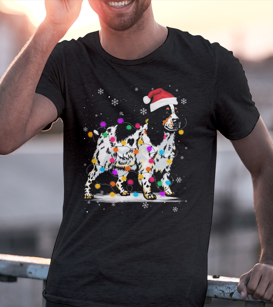 Cocker Spaniel Santa Hat Christmas Lights Snowflakes T-Shirt
