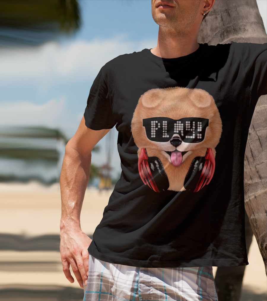 Cream Pomeranian Dog DJ In Sunglass With Play Headphones T-Shirt