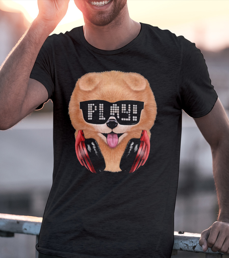 Cream Pomeranian Dog DJ In Sunglass With Play Headphones T-Shirt