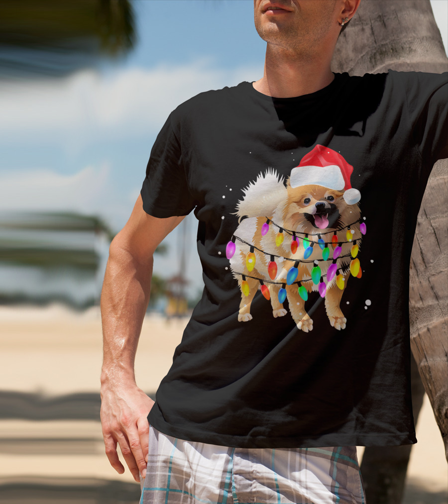 Pomeranian With Santa Hat And Colorful Christmas Lights T-Shirt