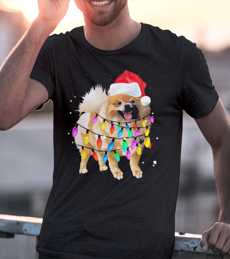 Pomeranian With Santa Hat And Colorful Christmas Lights T-Shirt