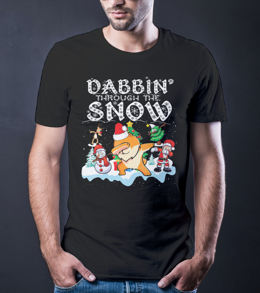 Dabbin Through The Snow Pomeranian Dog With Santa Snowman And Reindeer T-Shirt