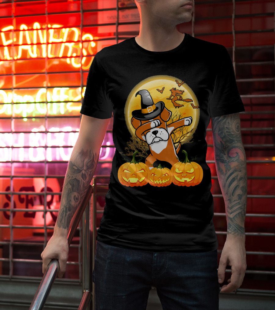 Halloween Dabbing Boxer Dog Witch Hat Pumpkins Bats Moon T-Shirt