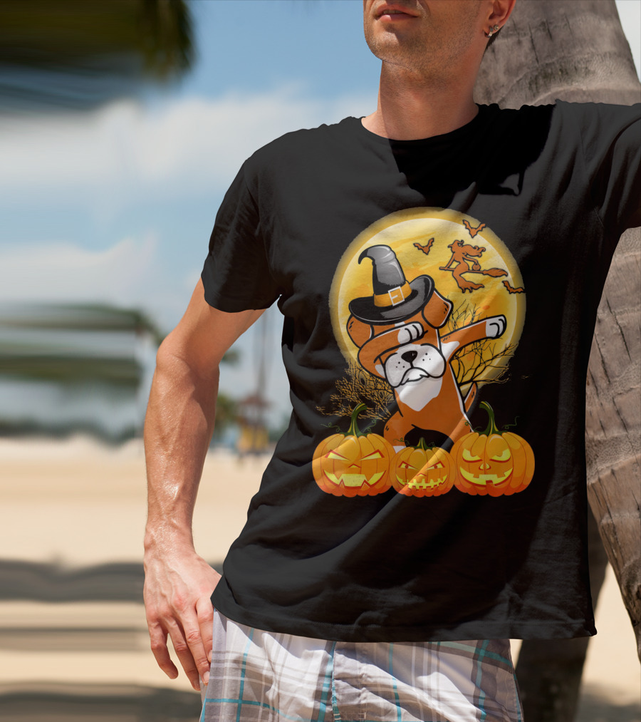 Halloween Dabbing Boxer Dog Witch Hat Pumpkins Bats Moon T-Shirt
