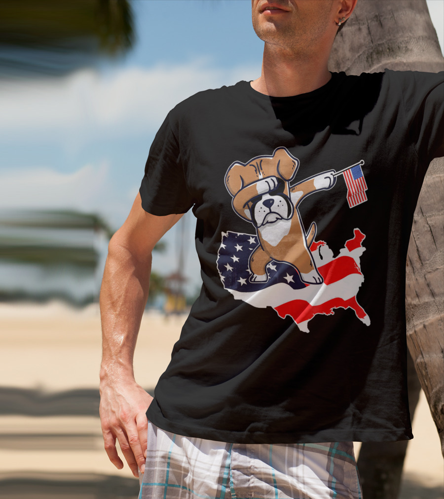 Dabbing Boxer Dog With American Flag Map Background T-Shirt