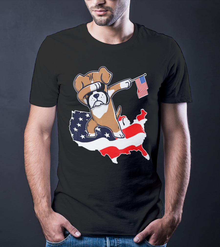 Dabbing Boxer Dog With American Flag Map Background T-Shirt