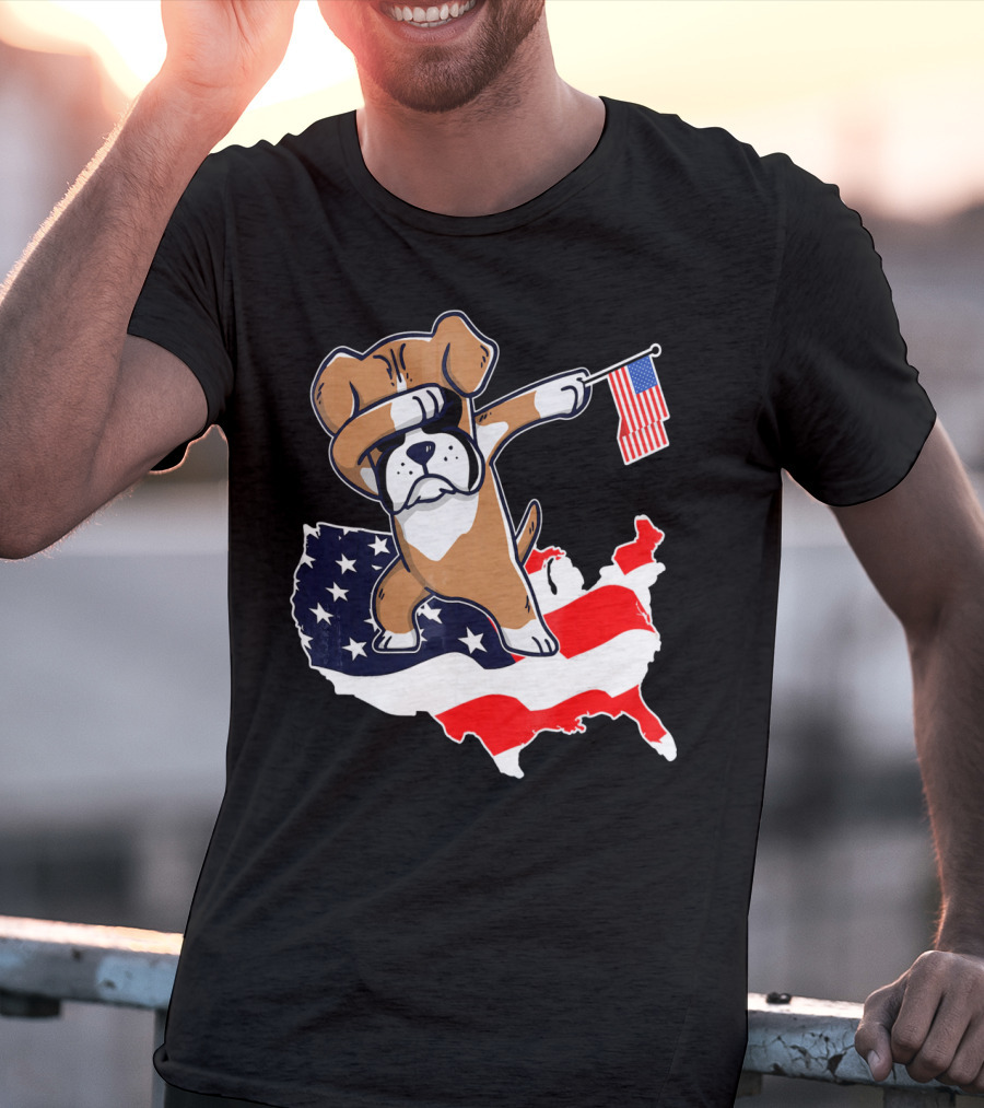 Dabbing Boxer Dog With American Flag Map Background T-Shirt