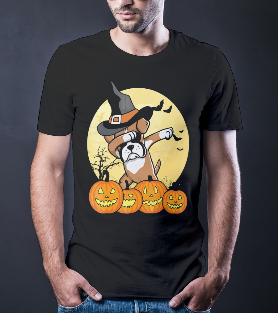 Dabbing Boxer Dog Witch Hat Pumpkin Halloween Dab Dance T-Shirt