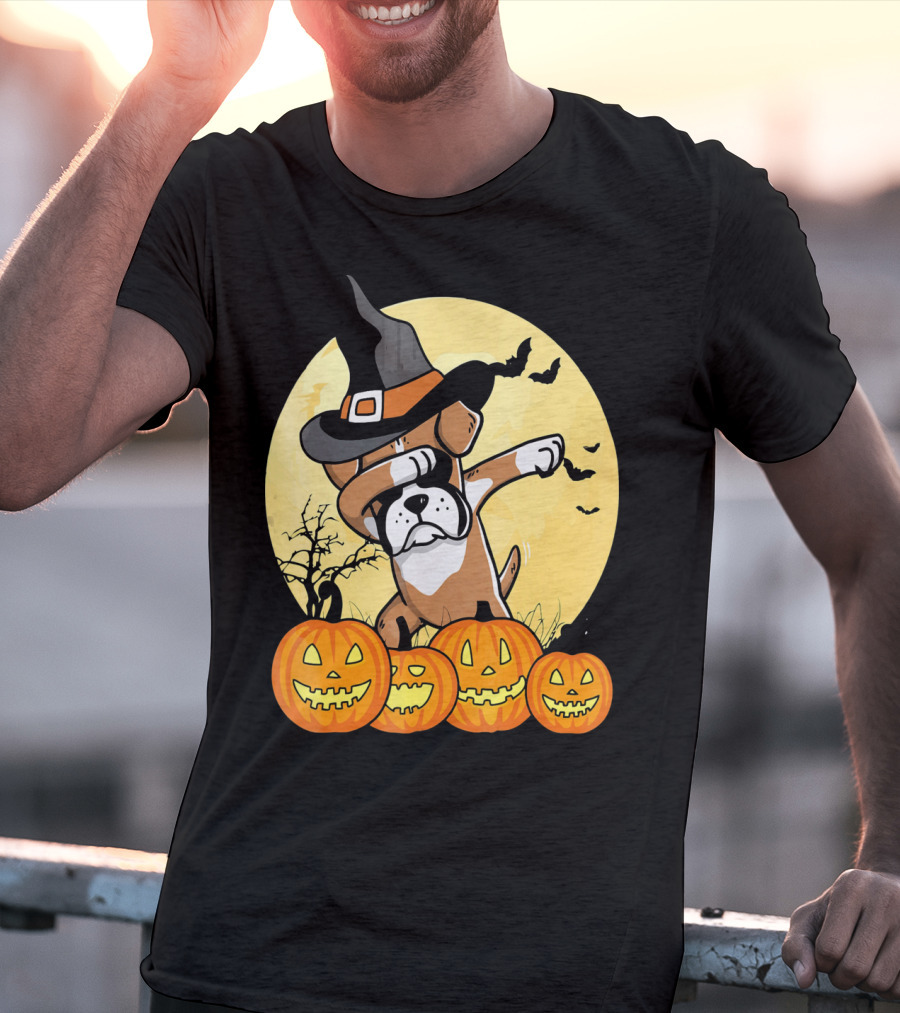Dabbing Boxer Dog Witch Hat Pumpkin Halloween Dab Dance T-Shirt