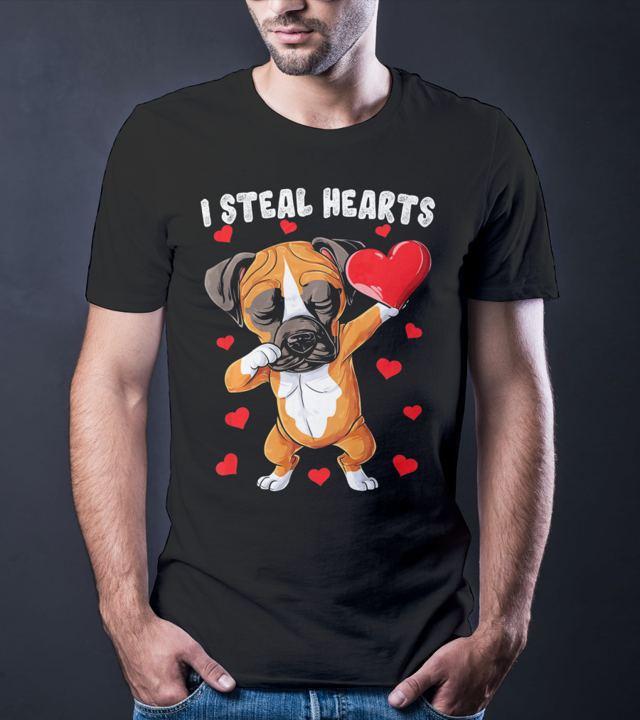 Dabbing Boxer Dog Holding Red Heart I Steal Hearts T-Shirt