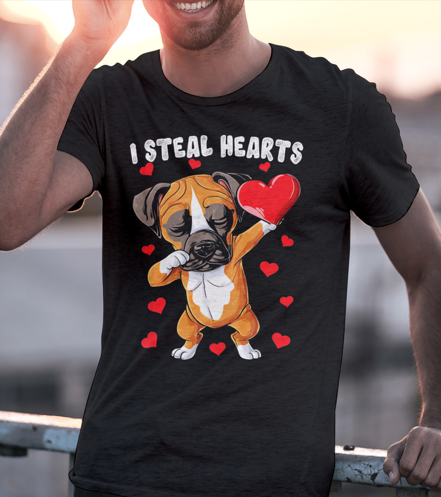 Dabbing Boxer Dog Holding Red Heart I Steal Hearts T-Shirt