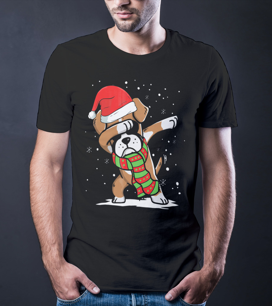 Festive Dabbing Boxer Dog In Santa Hat And Scarf For Christmas Dog Lovers T-Shirt