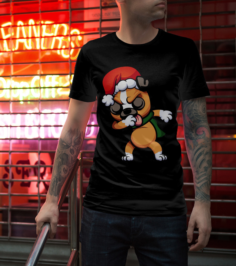 Dabbing Boxer Santa Dog Cartoon With Christmas Hat And Scarf T-Shirt