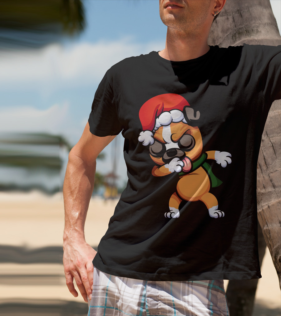 Dabbing Boxer Santa Dog Cartoon With Christmas Hat And Scarf T-Shirt