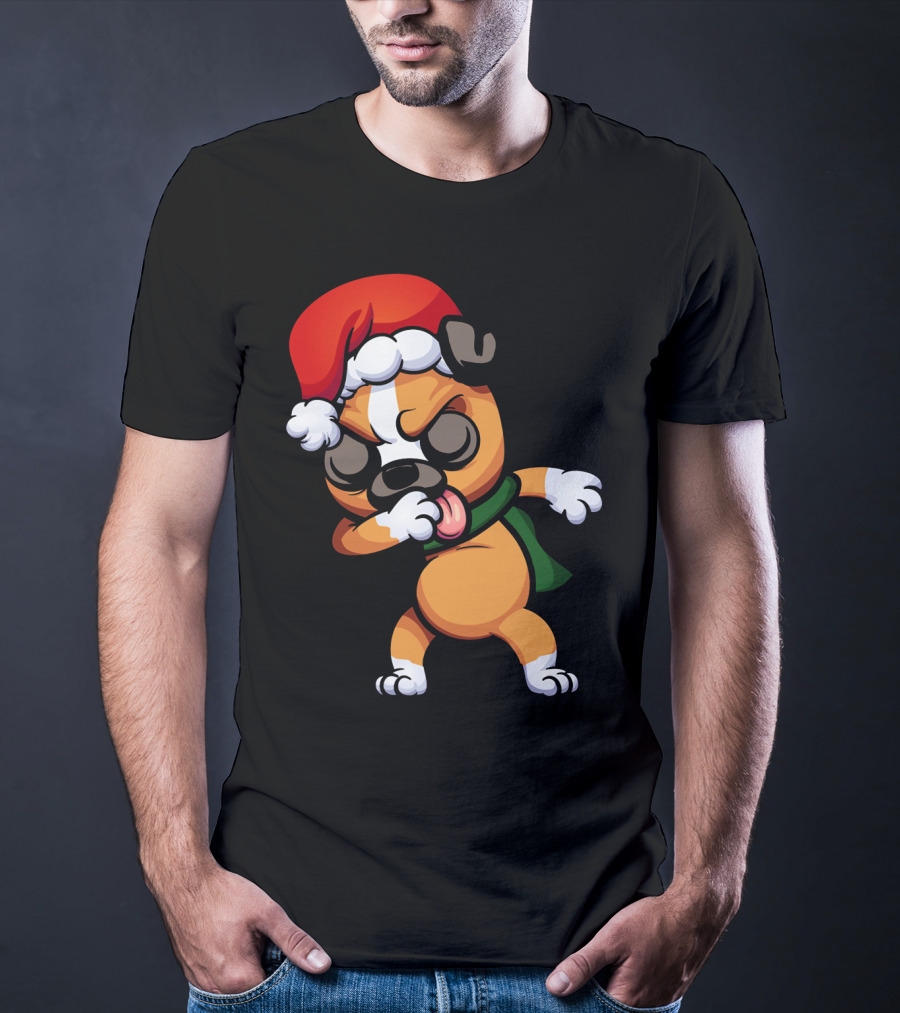 Dabbing Boxer Santa Dog Cartoon With Christmas Hat And Scarf T-Shirt