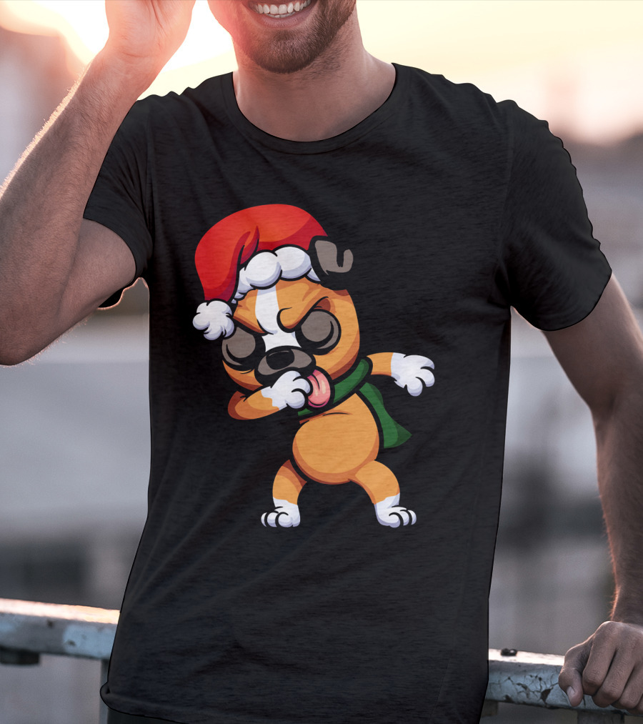 Dabbing Boxer Santa Dog Cartoon With Christmas Hat And Scarf T-Shirt