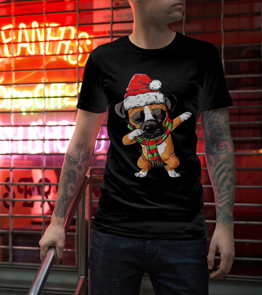Boxer Dog Dabbing Santa Hat Christmas Scarf T-Shirt