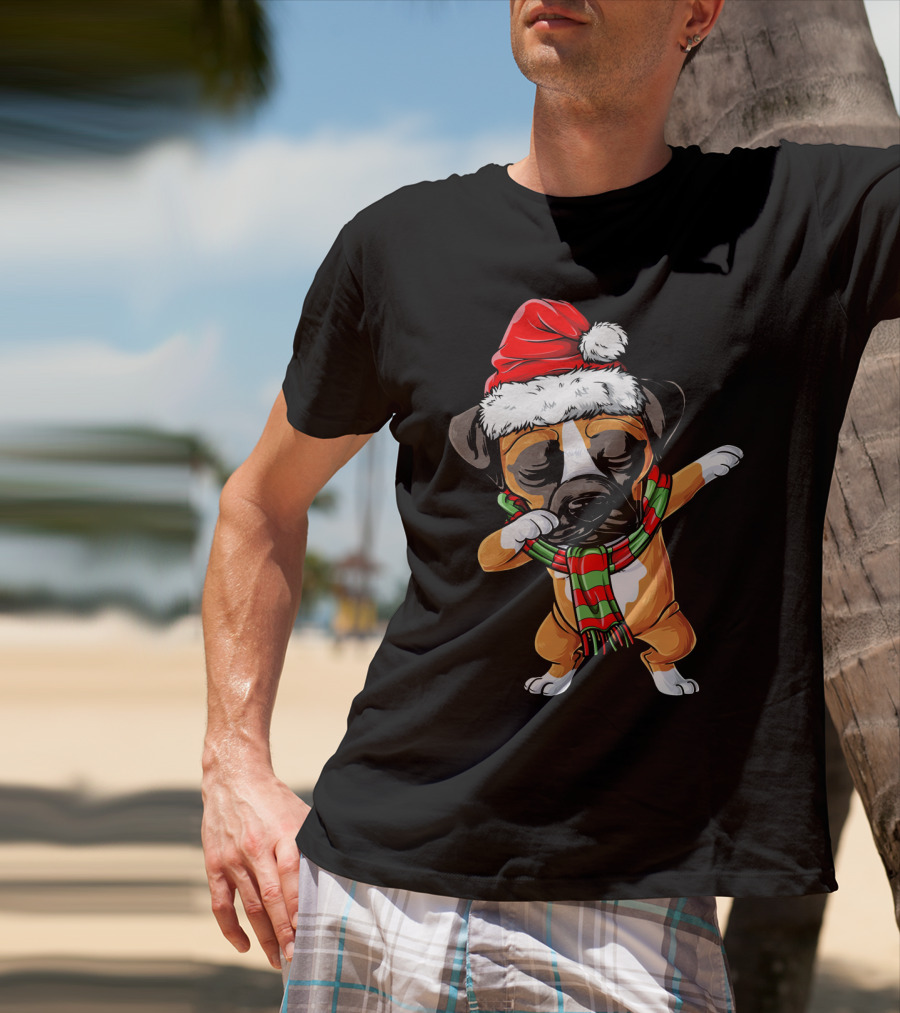 Boxer Dog Dabbing Santa Hat Christmas Scarf T-Shirt