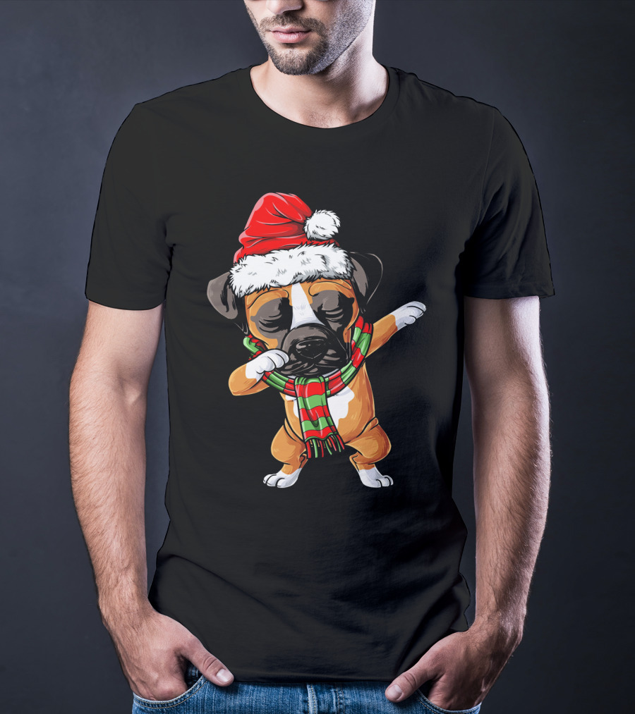 Boxer Dog Dabbing Santa Hat Christmas Scarf T-Shirt