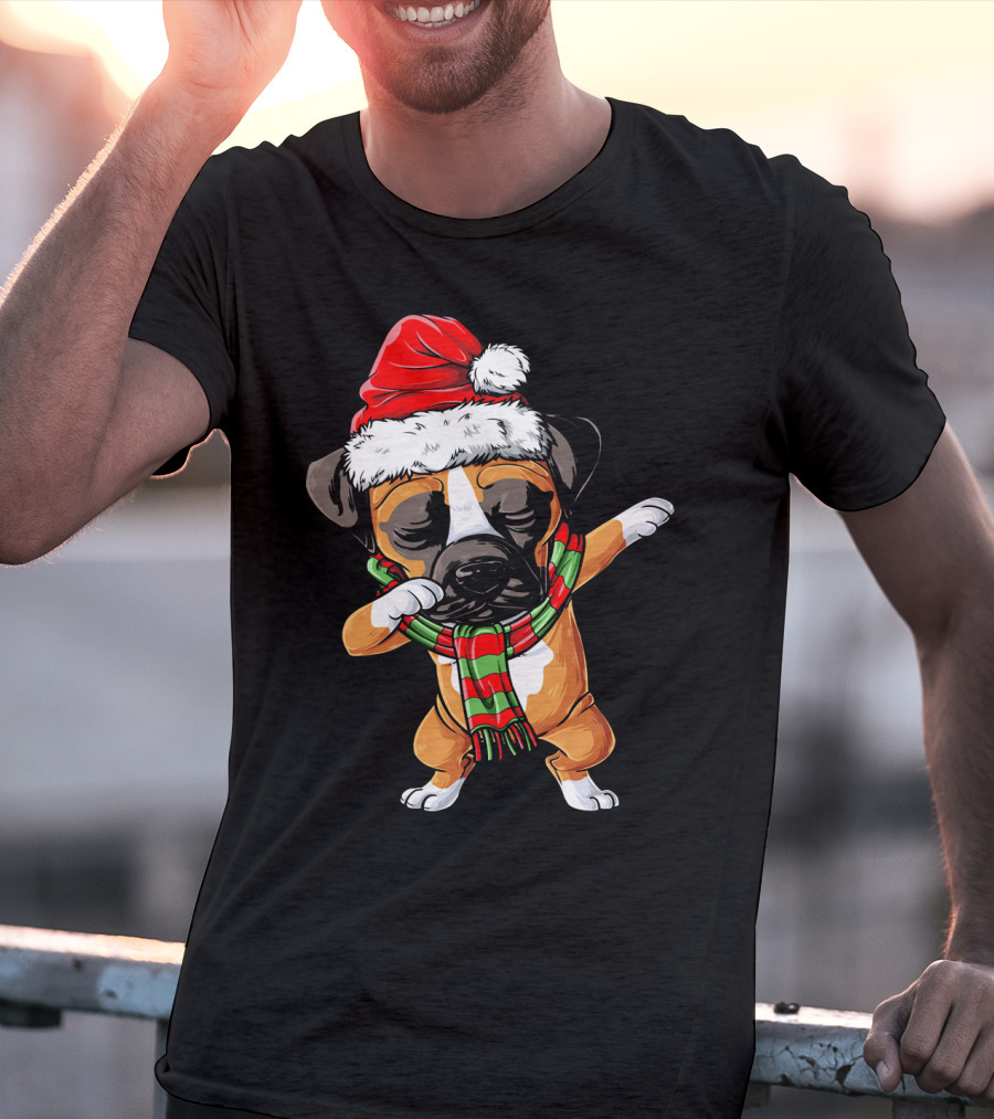 Boxer Dog Dabbing Santa Hat Christmas Scarf T-Shirt