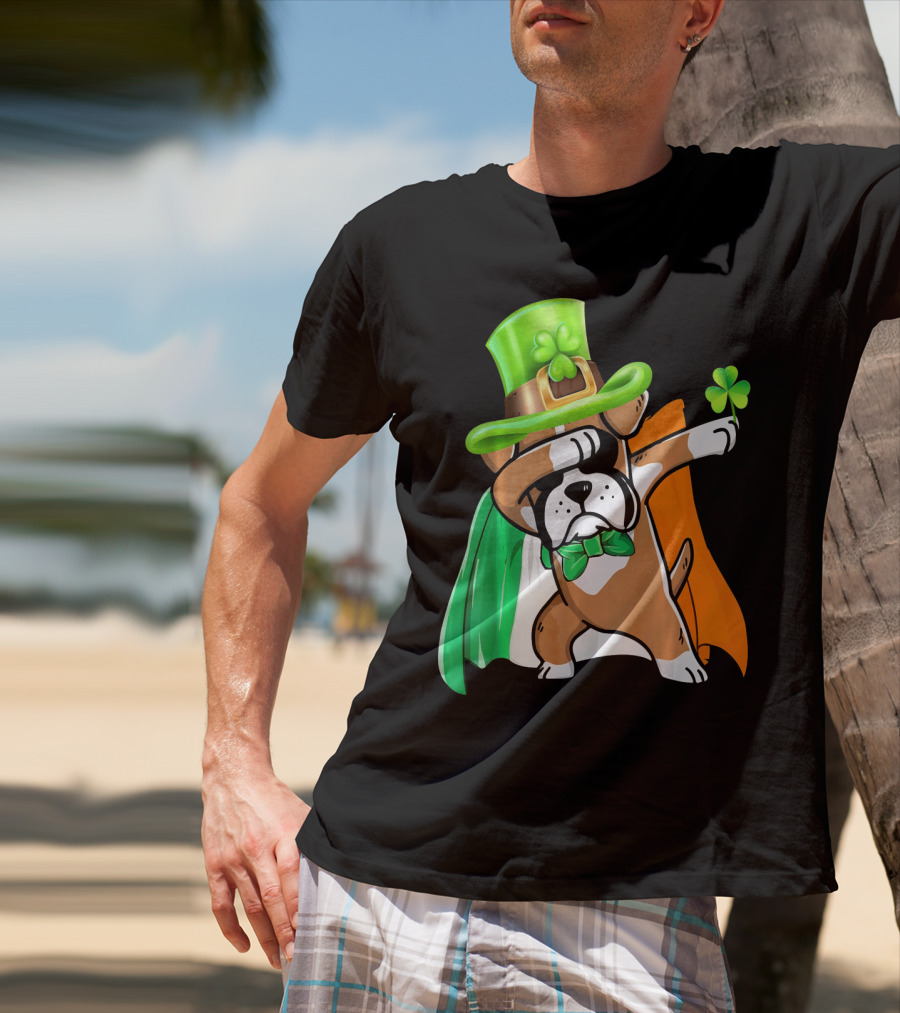 Lucky Boxer Dabbing With Irish Flag And Shamrock Hat T-Shirt