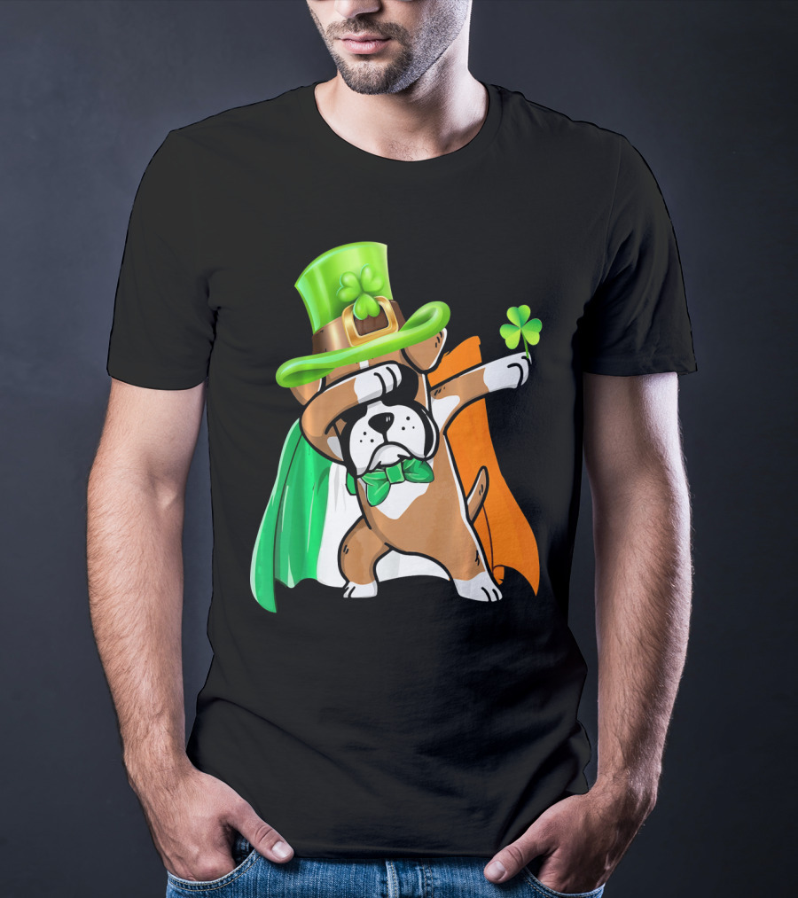 Lucky Boxer Dabbing With Irish Flag And Shamrock Hat T-Shirt