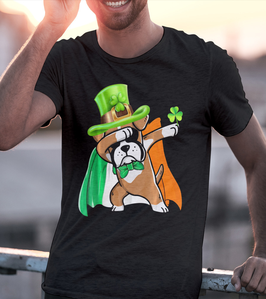 Lucky Boxer Dabbing With Irish Flag And Shamrock Hat T-Shirt